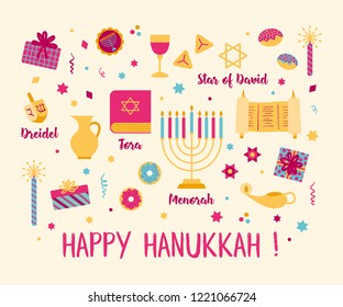Bright clean happy hannukah vector elements on light cream background. Modern graphic style. Great for editorial & pattern design, greeting cards, sticker templates etc.
