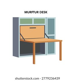 Bright and clean illustration of a modern murphy desk with wall bed, ideal for small home offices, showcasing space-saving furniture design in neutral tones.