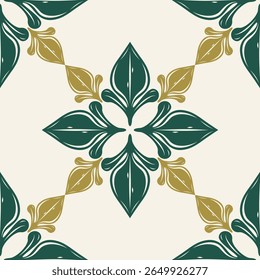 Padrão de azulejos sem emenda de meditação brilhante e limpa. Glamuroso Delight Tailandês Estilo Moderno Florescer Ornamento Decoração Com Verde Dourado Profundo no Fundo de Creme Luz Luxo Mérito Alvos Arte de Seda Perfeita