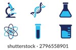 Bright and clean vector icons representing key elements of science and biology. Includes a microscope, DNA double helix, laboratory flask, test tube, measuring beaker, and atom with particles, all in a modern and minimalist style with a cohesive color scheme.