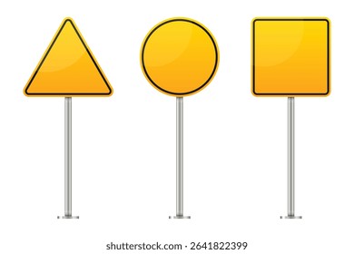 A bright, clear shot shows three distinct yellow warning signs, each a different shape - triangle, circle, and square - mounted on gray metal poles. The signs stand against a white backdrop.