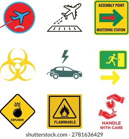 Bright and clear vector icons showing various warning and safety symbols including biohazard, lightning, car, and directional signs for safety and informational use.