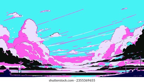 Bright cloudscape with a glowing star overhead. Vector illustration in cartoon anime style and retrofuturistic vaporwave vibe.