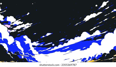 Bright cloudscape with a glowing star overhead. Vector illustration in cartoon anime style and retrofuturistic vaporwave vibe.