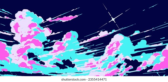 Bright cloudscape with a glowing star overhead. Vector illustration in cartoon anime style with retrofuturistic vaporwave vibe.