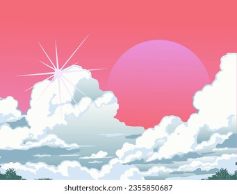 Bright cloudscape with a glowing star overhead. Vector illustration in cartoon anime style with retrofuturistic vaporwave vibe.