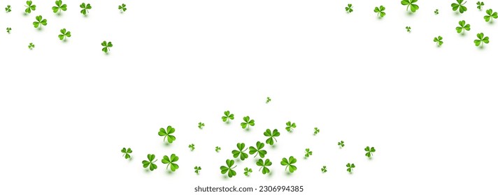 Bright Clover Air Vector White Panoramic Background. Olive color Foliage Saint Patrick Design. Holiday Leaves Backdrop. Malachite Shamrock Falling Wallpaper.