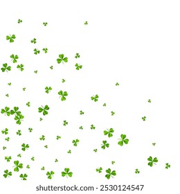 Bright Clover Falling Vector White Background. Green Leaf Holiday Wallpaper. Isolated Leaves Backdrop. Malachite Shamrock Stream Pattern.