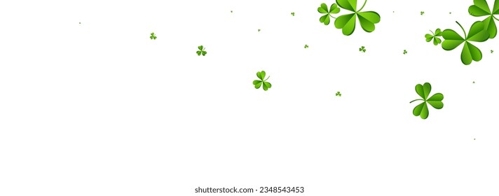 Bright Clover Holiday Vector White Panoramic Background. Malachite Foliage Isolated Template. Fly Shamrock Wallpaper. Green Leaves Saint Patrick Backdrop.