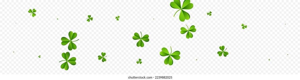 Bright Clover Minimal Vector Transparent Panoramic Background. Spring Foliage Isolated Backdrop. Falling Shamrock Wallpaper. Green Leaves Air Template.