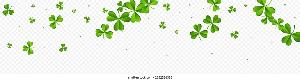 Bright Clover Saint Patrick Vector Transparent Panoramic Background. Olive color Foliage Falling Backdrop. Minimal Leaves Wallpaper. Spring Leaf Botanical Pattern.