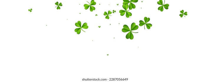 Bright Clover Saint Patrick Vector White Panoramic Background. Malachite Leaves Wind Backdrop. Air Leaf Design. Olive color Shamrock Stream Wallpaper.