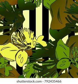 Bright clover textile pattern. Flower seamless. Abstract background striped fabric for summer dress. Multicolor texture with bloom motiv. Nature and old fashion vintage art print for spring shirt.