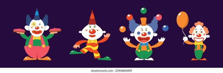 Bright Clown Character in Circus Costume Vector Set