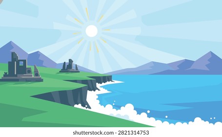 Bright coastal landscape with ocean waves crashing against green cliffs and ancient stone ruins under the sun rays.