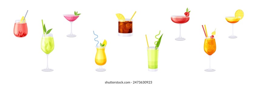 Bright Cocktail Drink Poured in Glass with Straw Vector Set