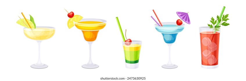 Bright Cocktail Drink Poured in Glass with Straw Vector Set