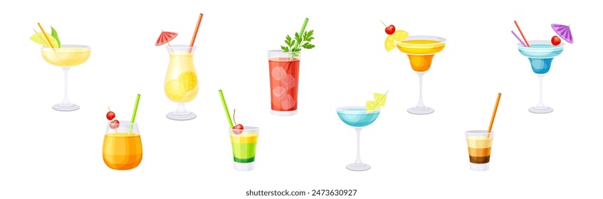 Bright Cocktail Drink Poured in Glass with Straw Vector Set