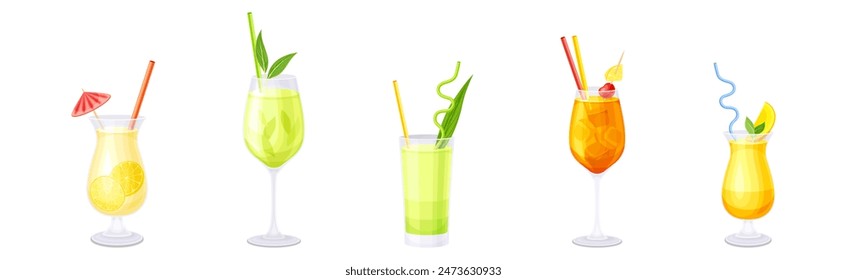 Bright Cocktail Drink Poured in Glass with Straw Vector Set