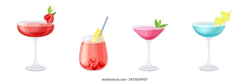 Bright Cocktail Drink Poured in Glass with Straw Vector Set