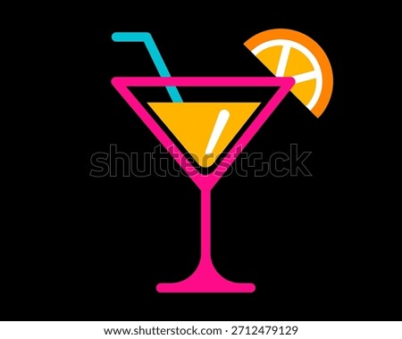 Bright cocktail glass with citrus slice, neon party drink, glowing nightlife celebration style and vibrant festive bar element on dark background in modern fun design. Vector illustration.