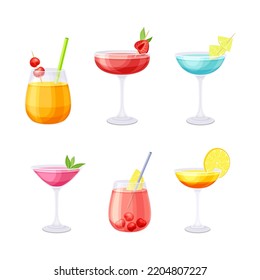 Bright Cocktail in Glass with Straw, Citrus and Berry as Alcoholic Refreshing Drink Vector Set