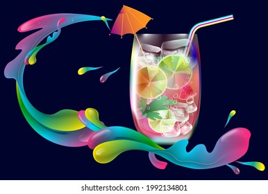 A bright cocktail on a dark background surrounded by multi-colored volumetric splashes. Can be used as a background or as a poster

