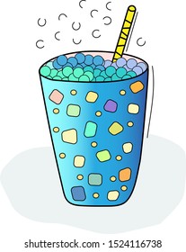 Bright cocktail  vector illustration. Gradient, ice, straw, bubbles.