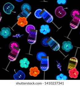 Bright cocktails and flowers on black background. Seamless pattern.