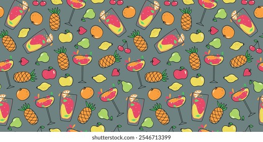 Bright cocktails and fruits. Seamless pattern. Multicolored drinks in wine glasses. Mixed cold drinks. Fresh exotic tropical juice. Alcohol, lemonade. Repeated template.