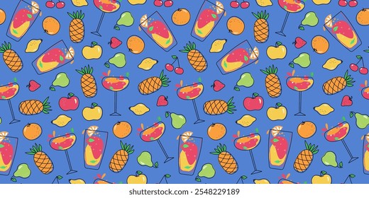 Bright cocktails and fruits. Seamless pattern. Multicolored drinks in wine glasses. Mixed cold drinks. Fresh exotic tropical juice. Alcohol, lemonade. Repeated template.