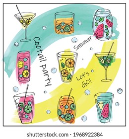 Bright cocktails vector illustration set.