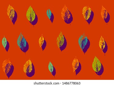 Bright cocky seamless pattern of autumn leaves stamps of different colours. Pop-art design. Fall motif for notebook cover, poster, wrapping paper