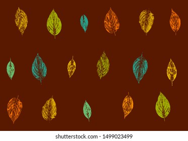 Bright cocky seamless pattern of autumn leaves stamps of different colours. Pop-art design. Fall motif for notebook cover, poster, wrapping paper