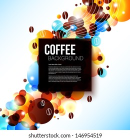 Bright coffee background with flare effect. Nice advertising poster for Your cafeteria. Vector image. 