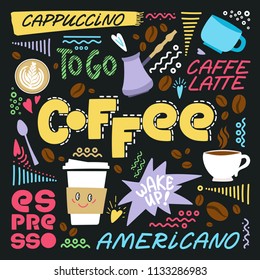 Bright coffee concept. Square pattern for cafe, shops with doodles. Handdrawn poster with decorative elements.