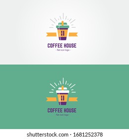 bright coffee house brand logo flat icon coffee stand with rays green orange and violet color