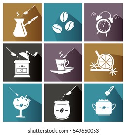 Bright coffee icons set.  Different coffee attributes in use. 