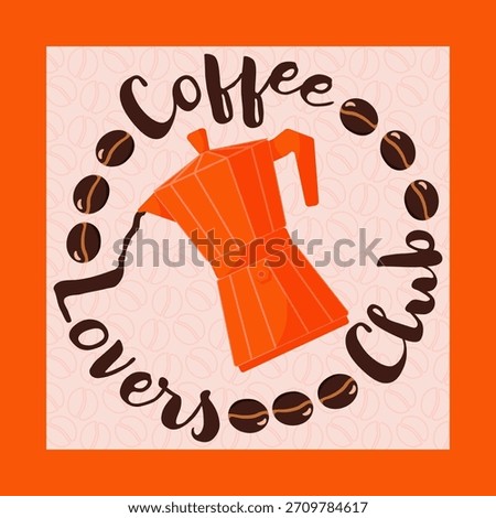 Bright coffee illustration featuring a moka pot surrounded by coffee beans, with the text “Coffee Lovers Club.” Perfect for café branding, stickers, posters, menu designs, and coffee-themed decor.