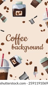 Bright coffee-style background featuring cups, beans, a cezve, and jars. The central Coffee background text in a soft handwritten font adds coziness and charm.
