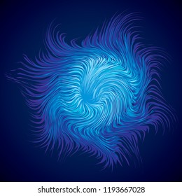 Bright cold cyan circle midpoint drawing shape art design. Big fuzzy magic sphere form in modern artist cartoon creative line style. Navy aqua color motley power boom ball symbol on dark fond for text