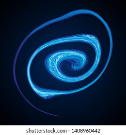Bright cold cyan circle midpoint drawing shape art design. Big fuzzy magic sphere form in modern artist cartoon creative line style. Navy aqua color motley power boom ball symbol on dark fond for text
