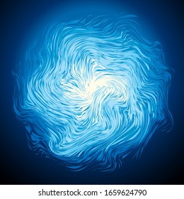 Bright cold cyan circle midpoint drawing shape art design. Big fuzzy magic sphere form in modern artist cartoon creative line style. Navy aqua color motley power boom ball symbol on dark fond for text