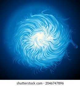 Bright cold cyan circle midpoint flower drawing shape art design. Big fuzzy magic sphere form in modern artist cartoon creative line style. Navy aqua color motley power boom symbol on space for text