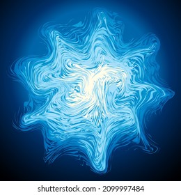Bright cold cyan circle midpoint drawing shape art design. Big fuzzy magic sphere form in modern artist cartoon creative line style. Navy aqua color motley power boom ball symbol on dark fond for text