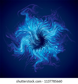 Bright cold cyan circular midpoint shape mystic art design. Sacred magic soul disc sphere form in modern creative tech line style. Navy aqua color motley power blast ball symbol on dark fond for text