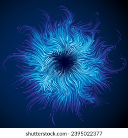 Bright cold cyan circular midpoint shape mystic art design. Sacred magic soul disc sphere form in modern creative tech line style. Navy aqua color motley power blast ball symbol on dark fond for text