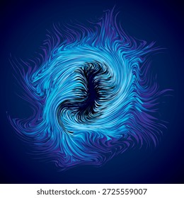 Diseño de arte místico de forma de punto medio circular cian frío brillante. Forma de esfera de disco de alma mágica sagrada en estilo de línea de tecnología creativa moderna. Símbolo de bola de explosión de poder variopinto de color aqua marino en fondo oscuro para texto