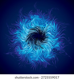 Diseño de arte místico de forma de punto medio circular cian frío brillante. Forma de esfera de disco de alma mágica sagrada en estilo de línea de tecnología creativa moderna. Símbolo de bola de explosión de poder variopinto de color aqua marino en fondo oscuro para texto