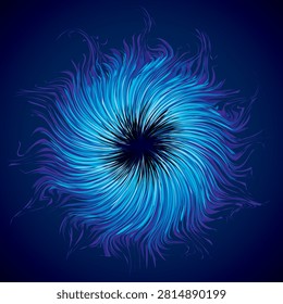 Bright cold cyan circular midpoint shape mystic art design. Sacred magic soul disc sphere form in modern creative tech line style. Navy aqua color motley power blast ball symbol on dark fond for text